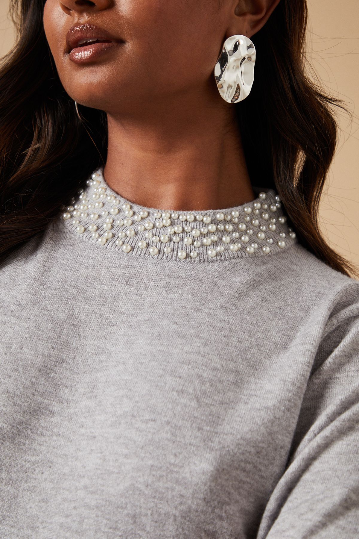 Oasis Pearl Necklace Jumper Grey Marl image 4