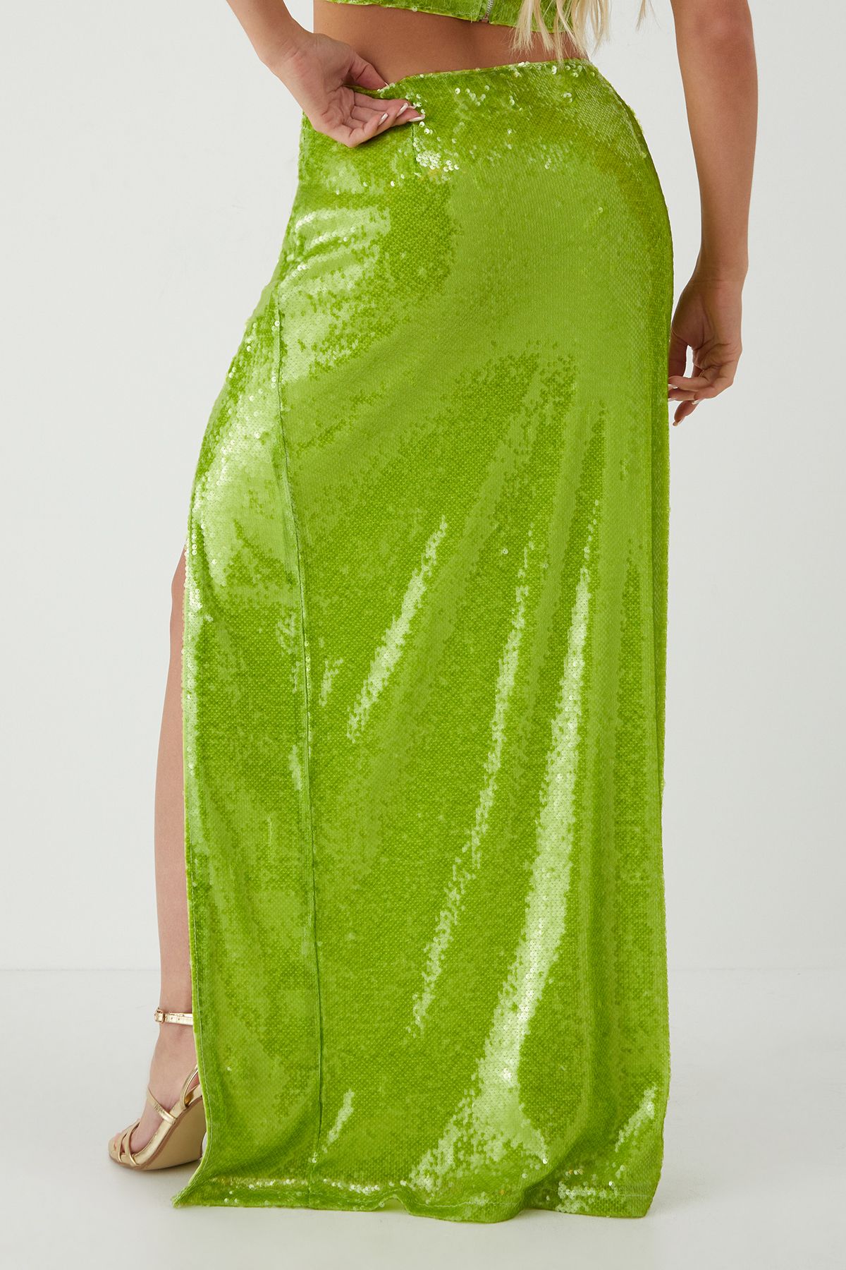 MissPap Sequin Split Leg Maxi Skirt Green image 3