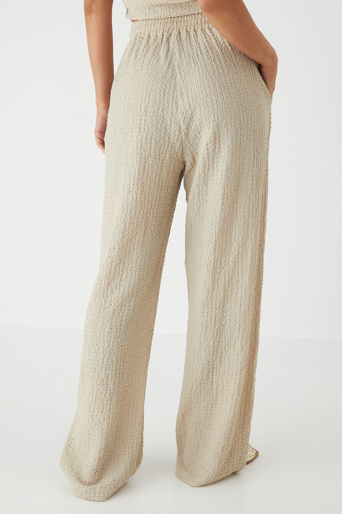 MissPap Crinkle Textured Wide Leg Trousers Stone image 3