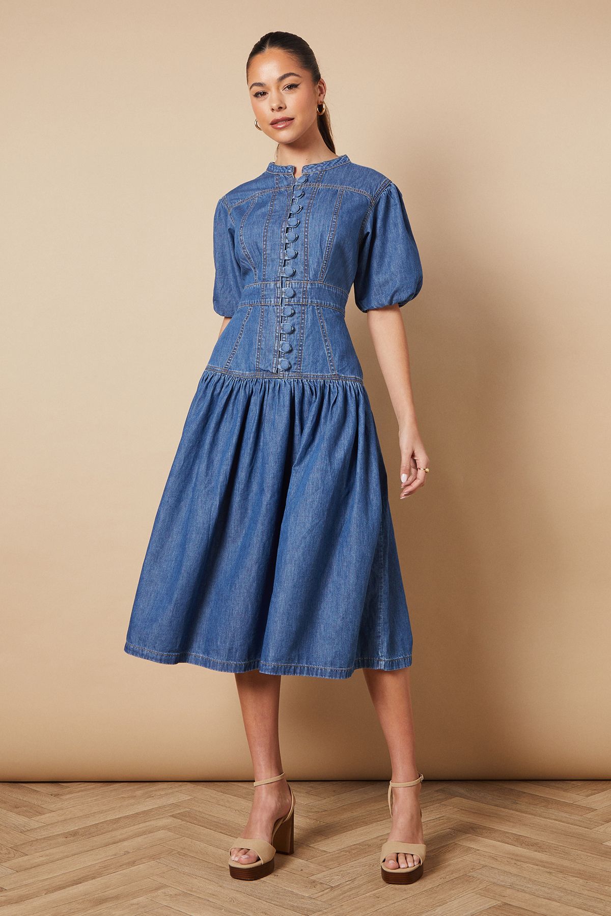 Oasis Drop Waist Button Up Denim Midi Dress Mid Wash