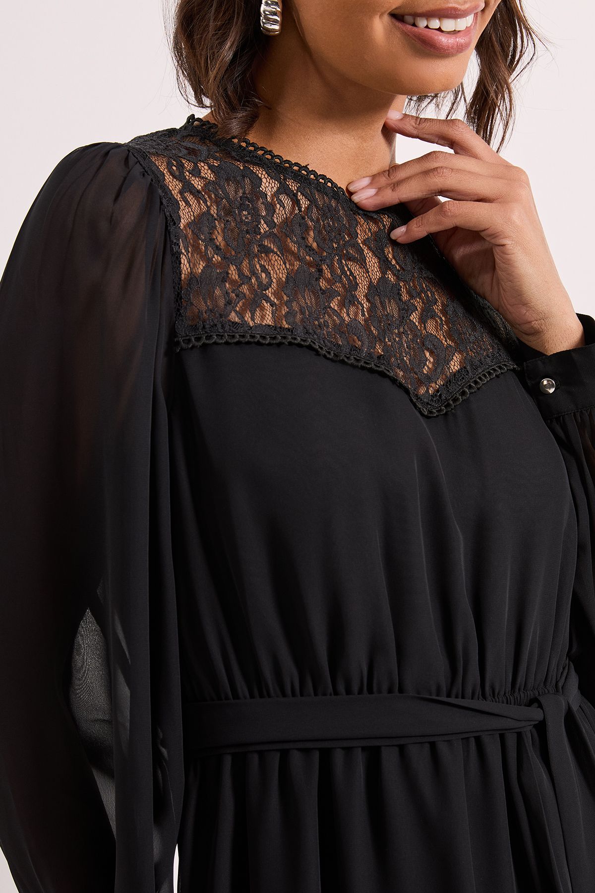 Dorothy Perkins Lace Yoke Blouson Sleeve Tiered Midaxi Dress Black image 5