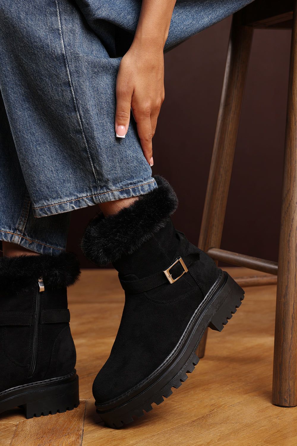 Where's That From 'Rayne' Suede Low Heel Ankle Boots with Faux Fur Cuff Buckle Detail image 1