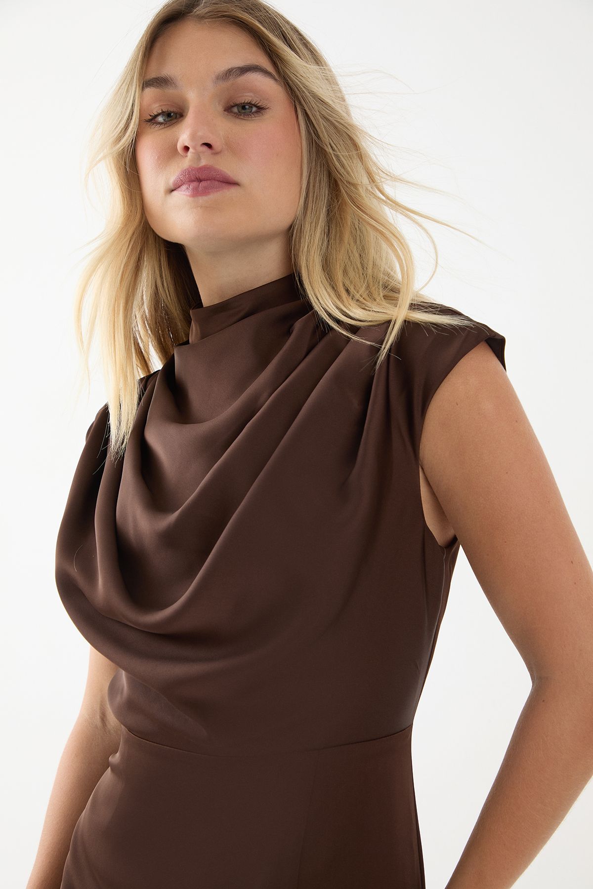 MissPap Drape Neck Detail Midi Dress Chocolate image 2