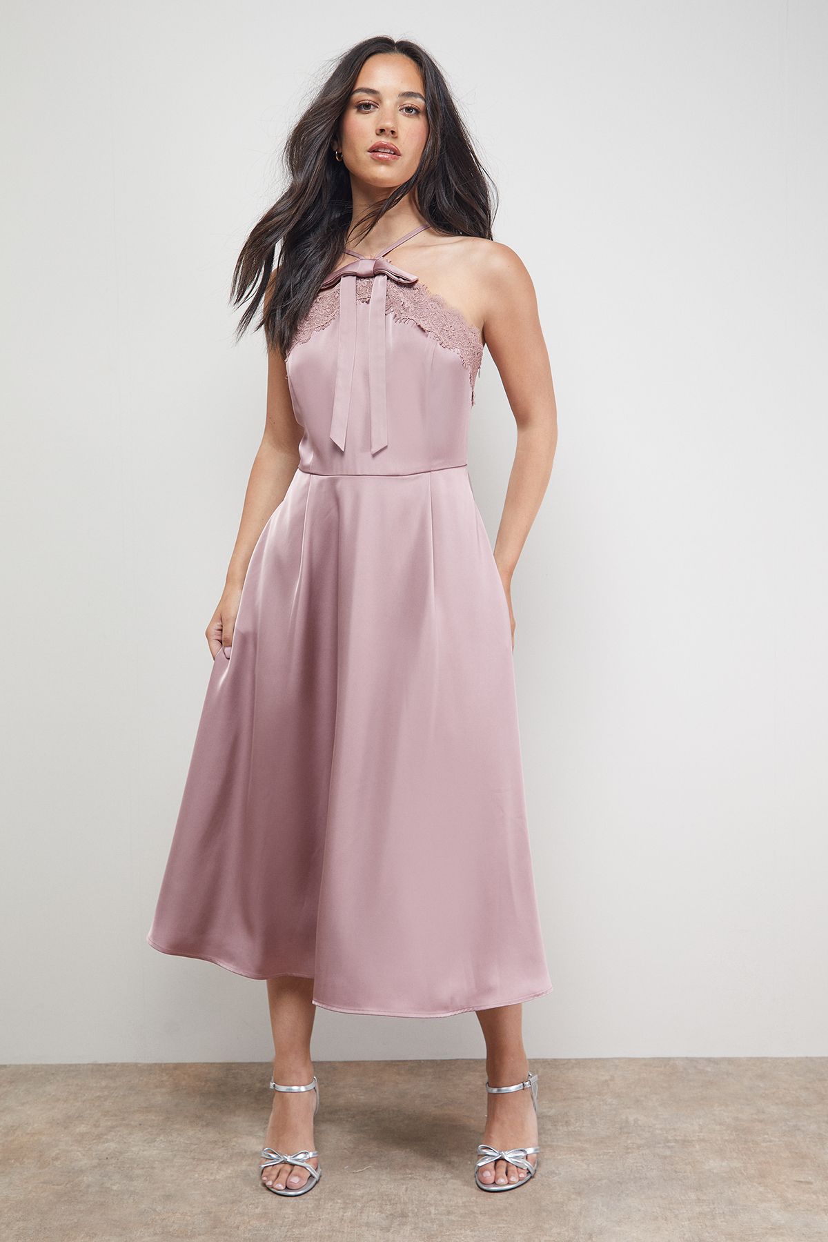 Oasis Lace Detail Midi Prom Dress Mocha image 1