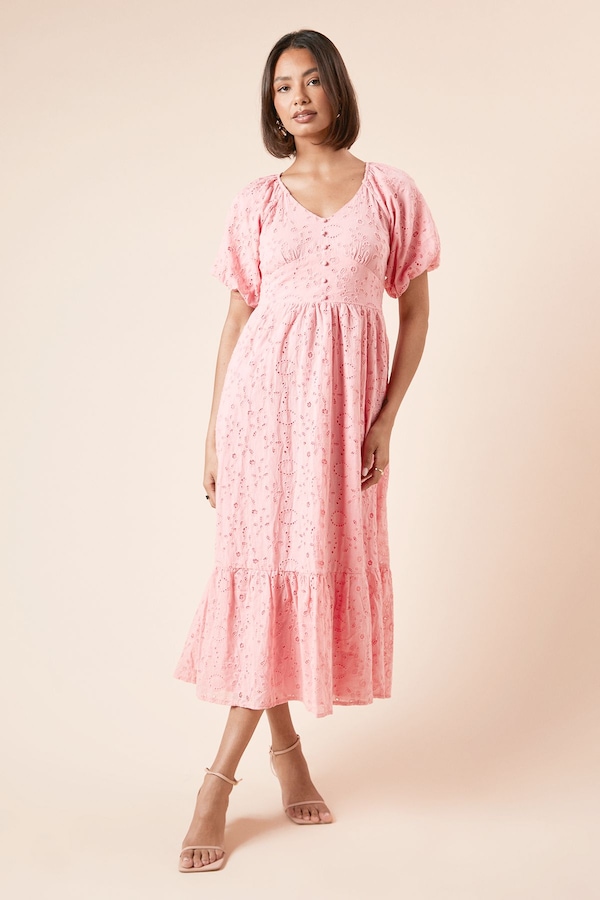 Dorothy Perkins Broderie Button Front Midi Dress Pink