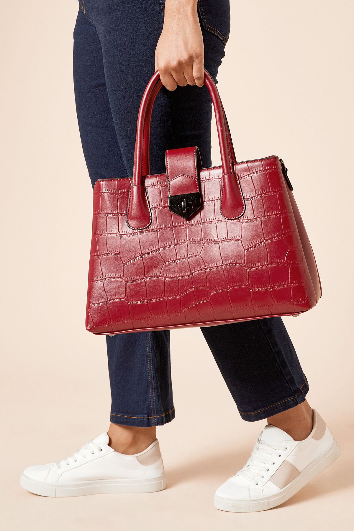 Dorothy Perkins Ronnie Faux Croc Tote Bag With Multi Internal Pockets Burgundy image 1