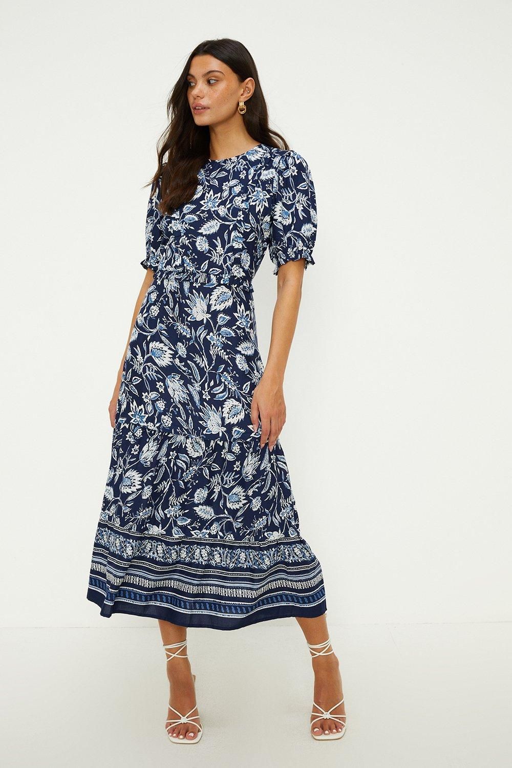 Oasis Printed Ruffle Front Shirred Cuff Tiered Hem Midi Dress Multi image 1