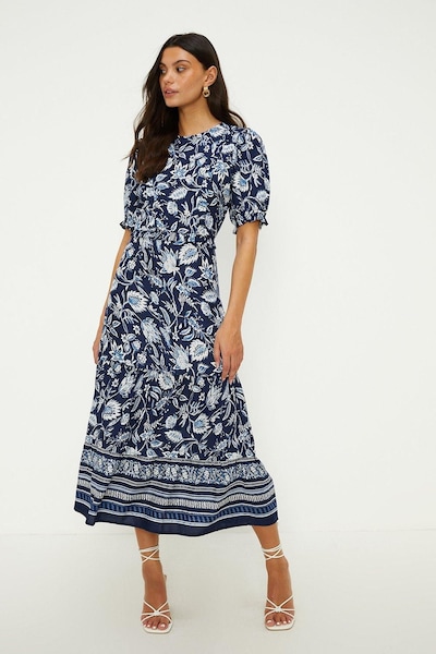 Oasis Printed Ruffle Front Shirred Cuff Tiered Hem Midi Dress Multi