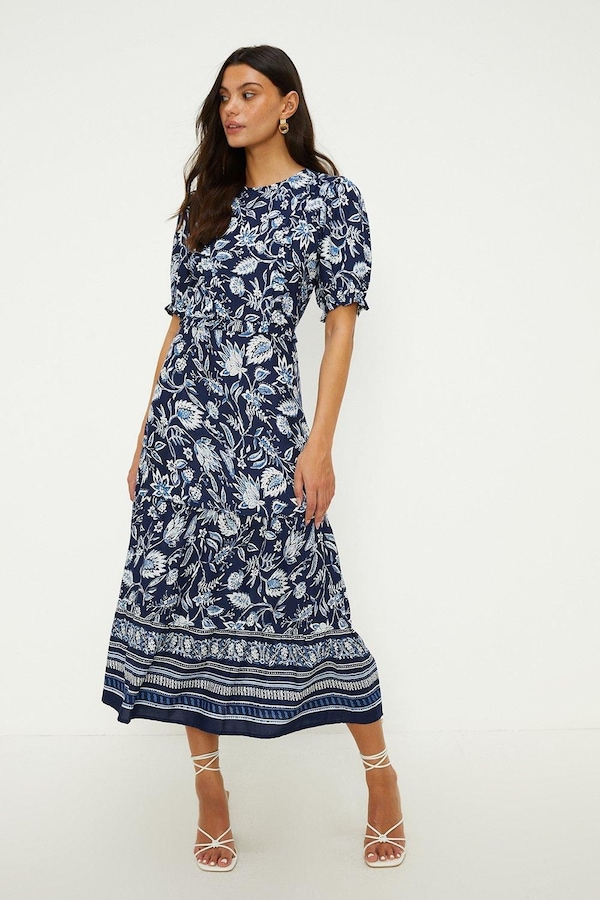 Oasis Printed Ruffle Front Shirred Cuff Tiered Hem Midi Dress Multi