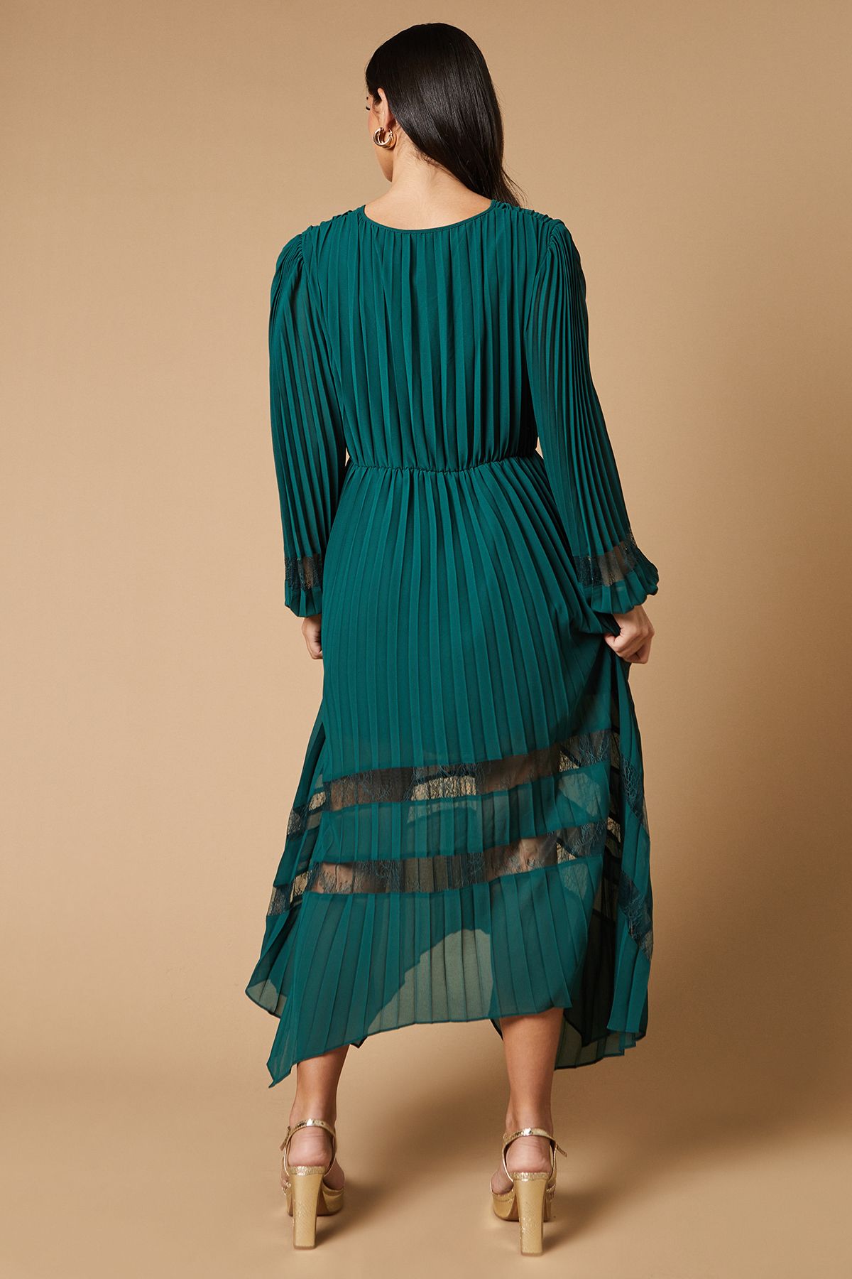 Oasis Pleated Lace Trim Insert Wrap Midi Dress Green image 3