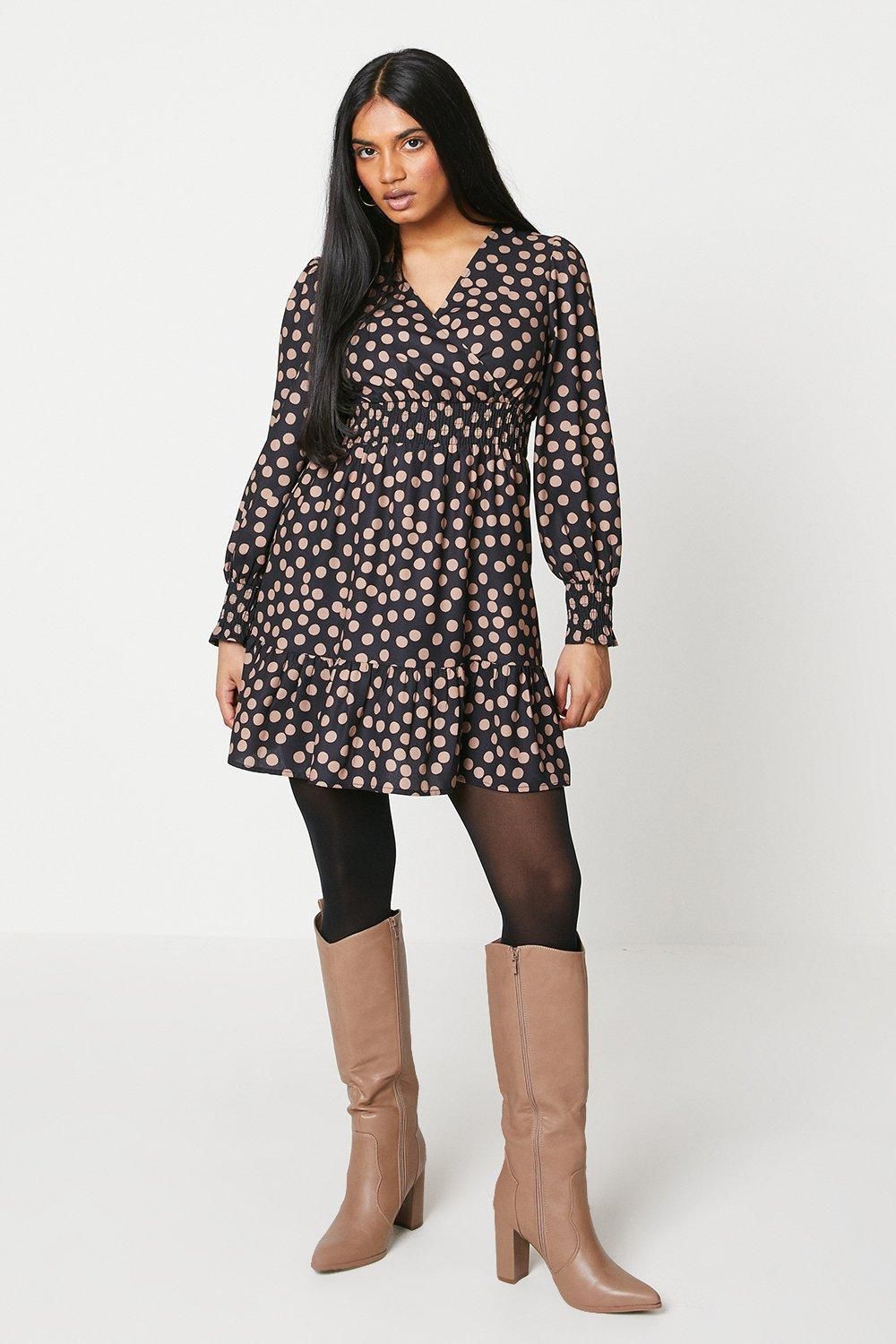 Dorothy Perkins Petite Camel Spot Shirred Waist Wrap Mini Dress Camel image 2