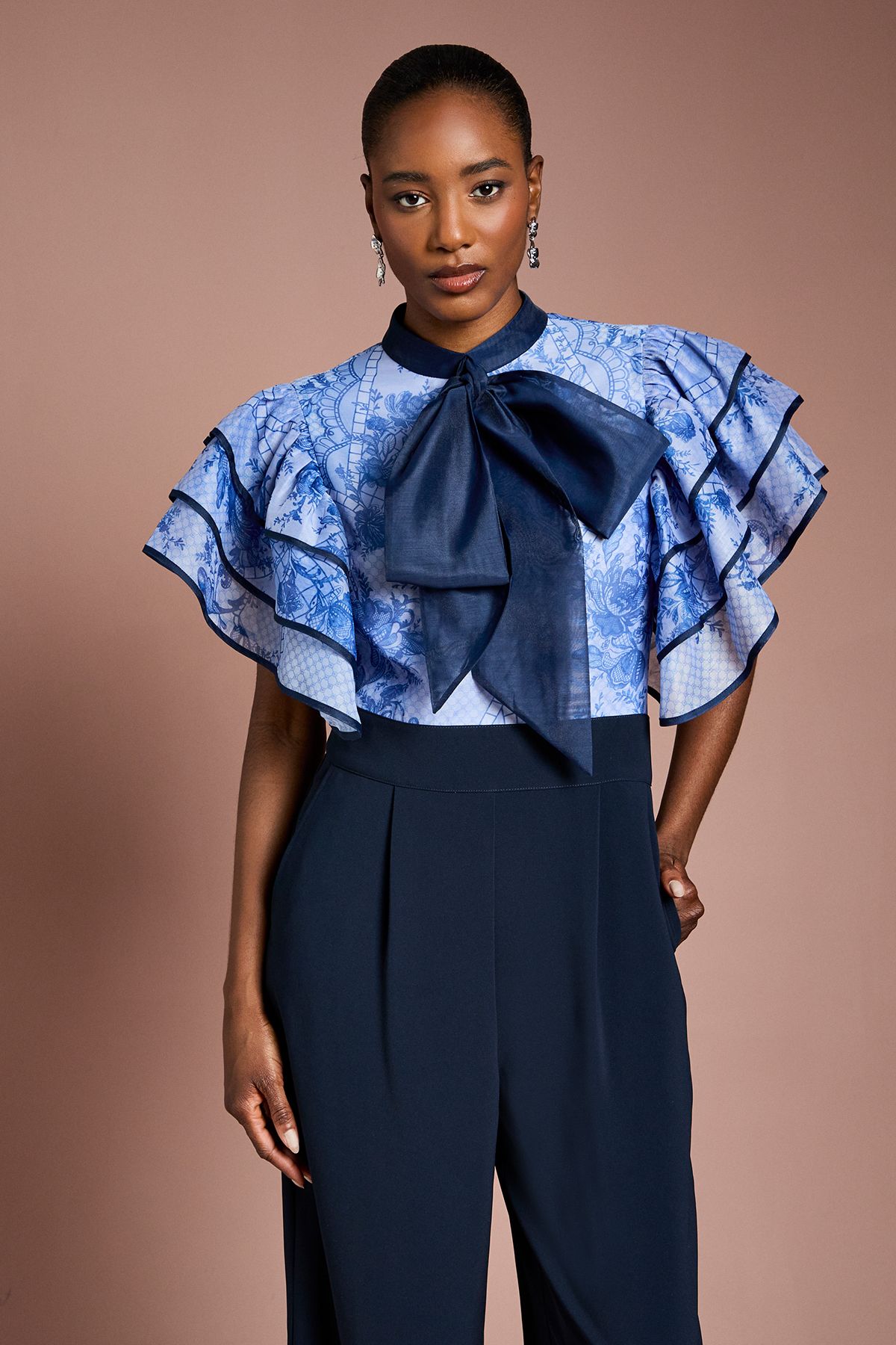 Coast Printed Organza Ruffle Sleeve Wide Leg Jumpsuit Navy image 2