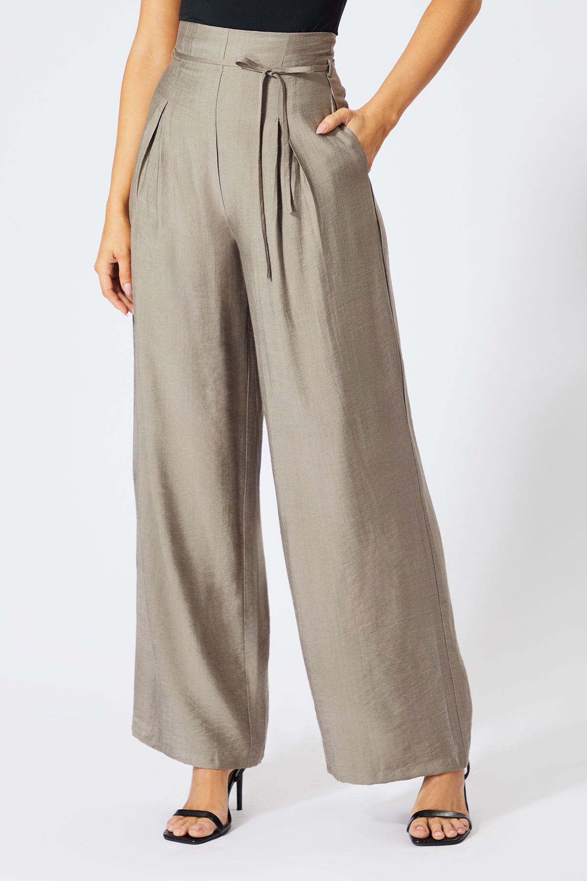 MissPap Linen Look Wide Leg Paper Bag Waist Trousers Taupe image 2