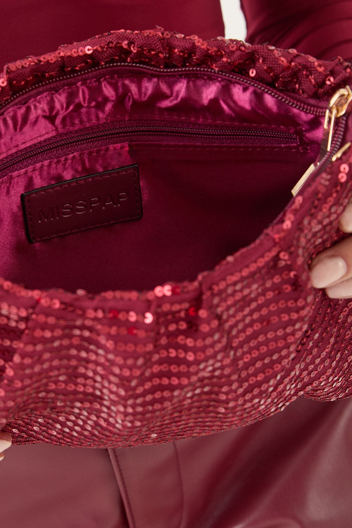 MissPap Ruched Sequin Clutch Bag Burgundy image 3