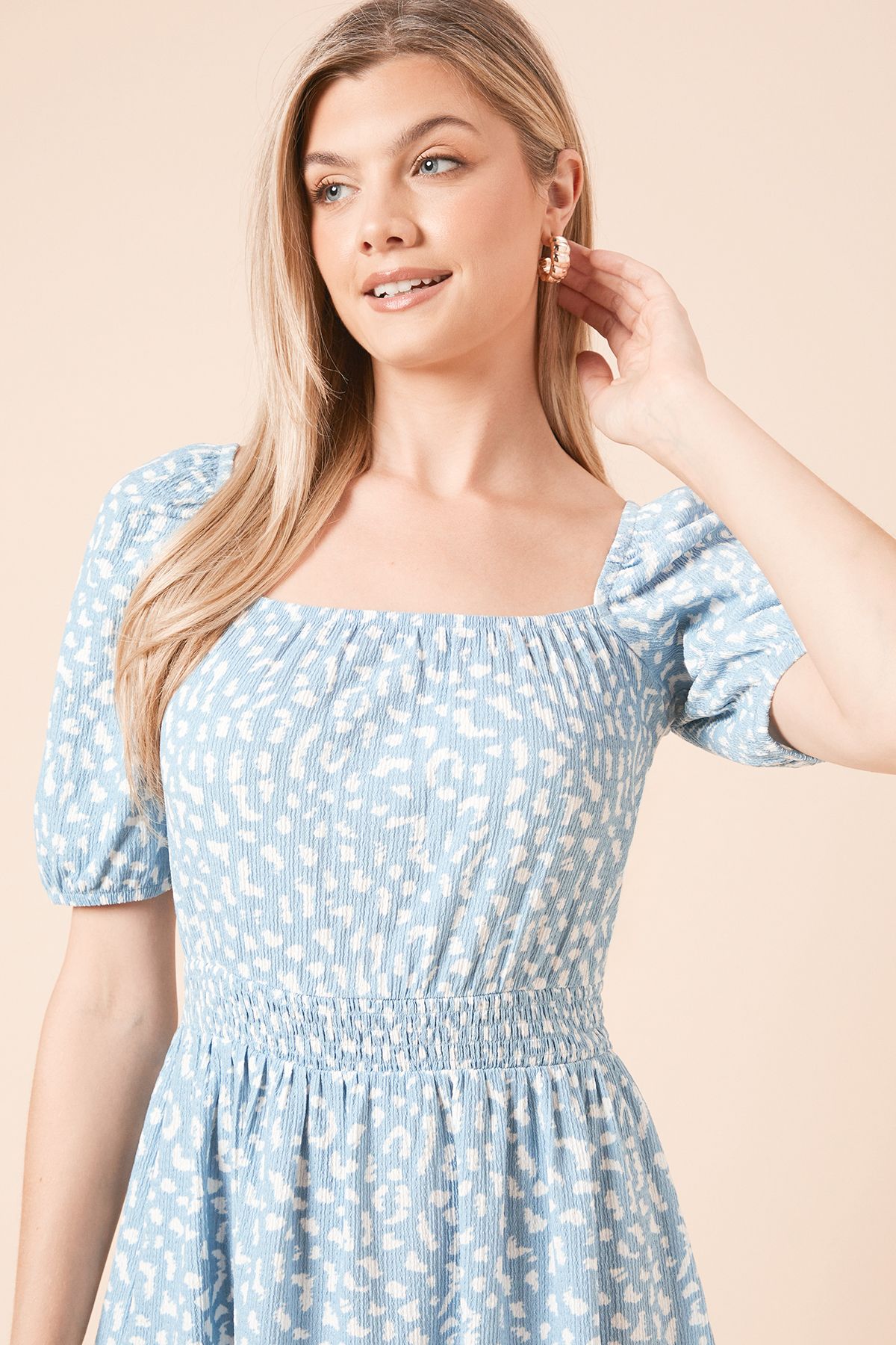 Dorothy Perkins Leopard Puff Sleeve Ruched Bust Jersey Mini Dress Blue image 3