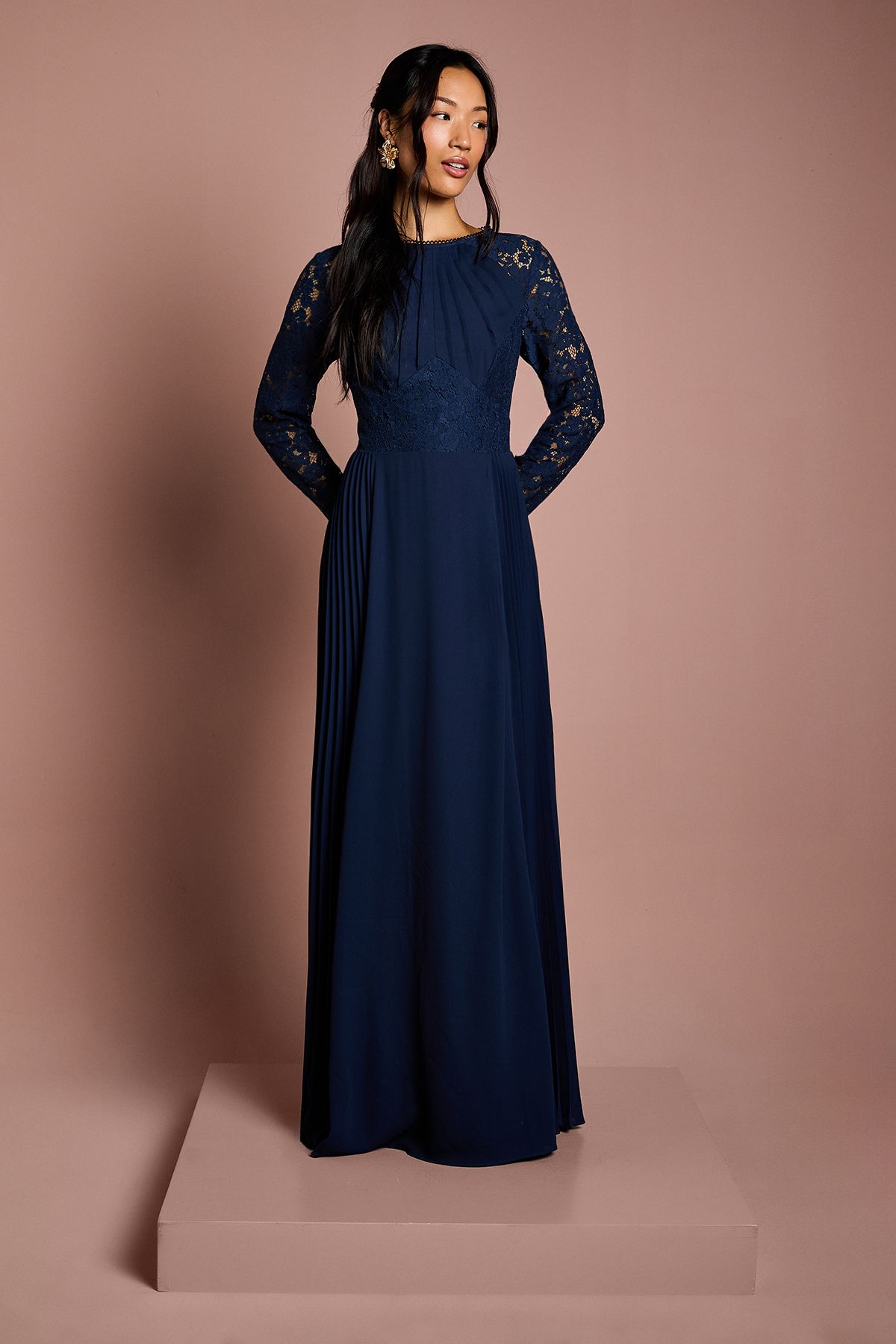 Coast Lace Sleeve Pleat Detail Bridesmaid Dress Navy image 1