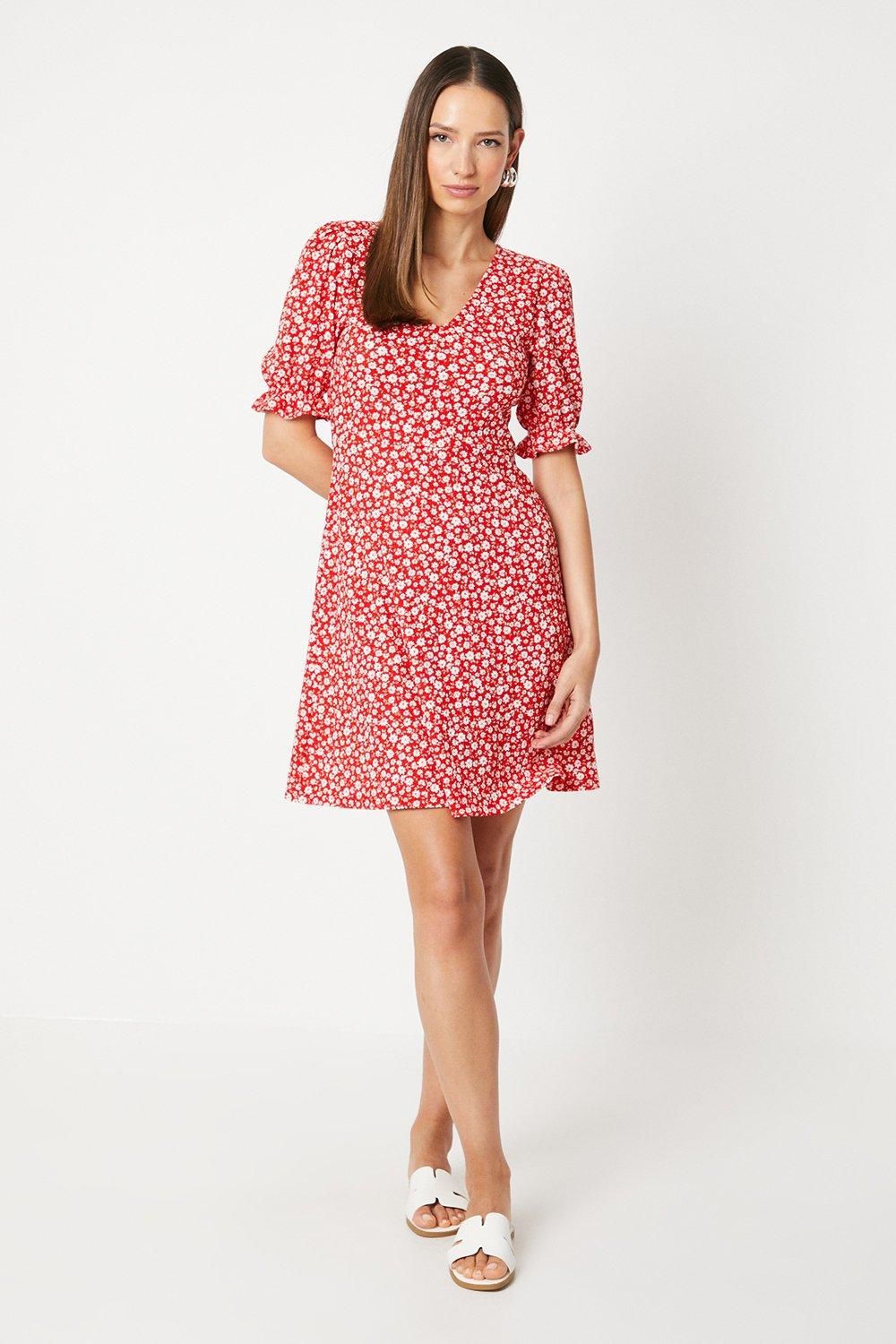 Dorothy Perkins Red Ditsy V Neck Short Sleeve Mini Dress Red image 2