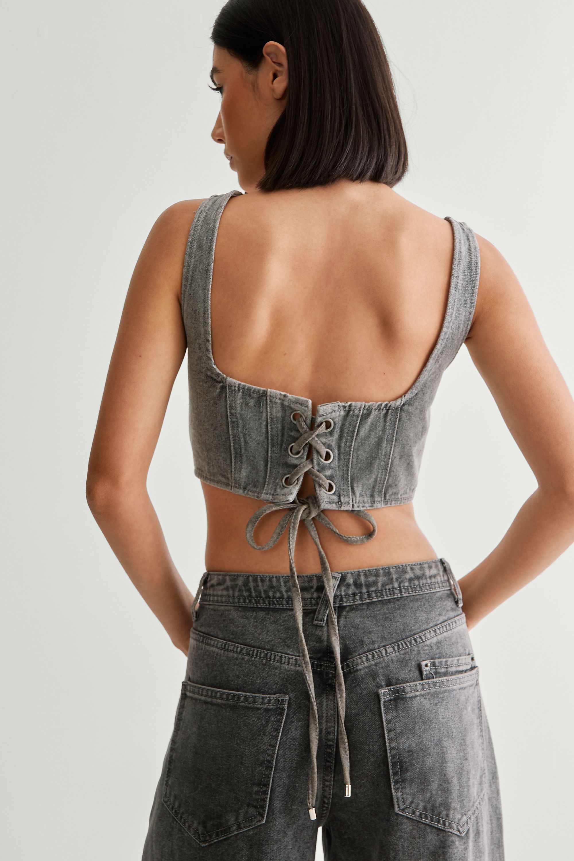 NastyGal Lace Back Detail Denim Corset Top Mid Grey image 4