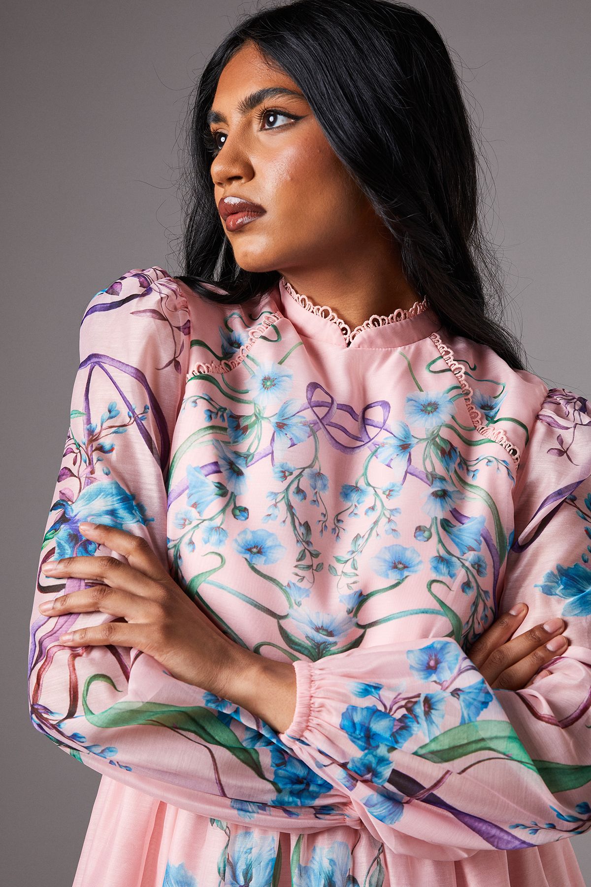 Coast Petite Burnout Printed Midi Dress With Blouson Sleeve Pink image 3