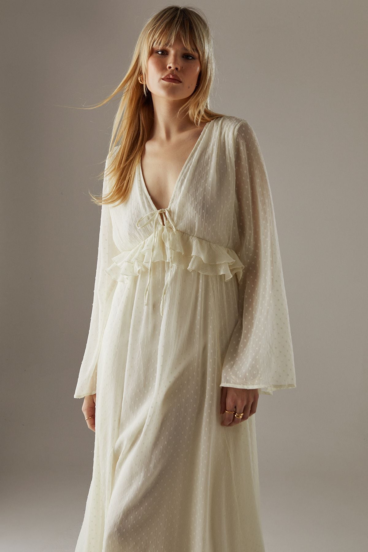 Warehouse Dobby Chiffon Plunge Neck Ruffle Midi Smock Dress Cream image 2