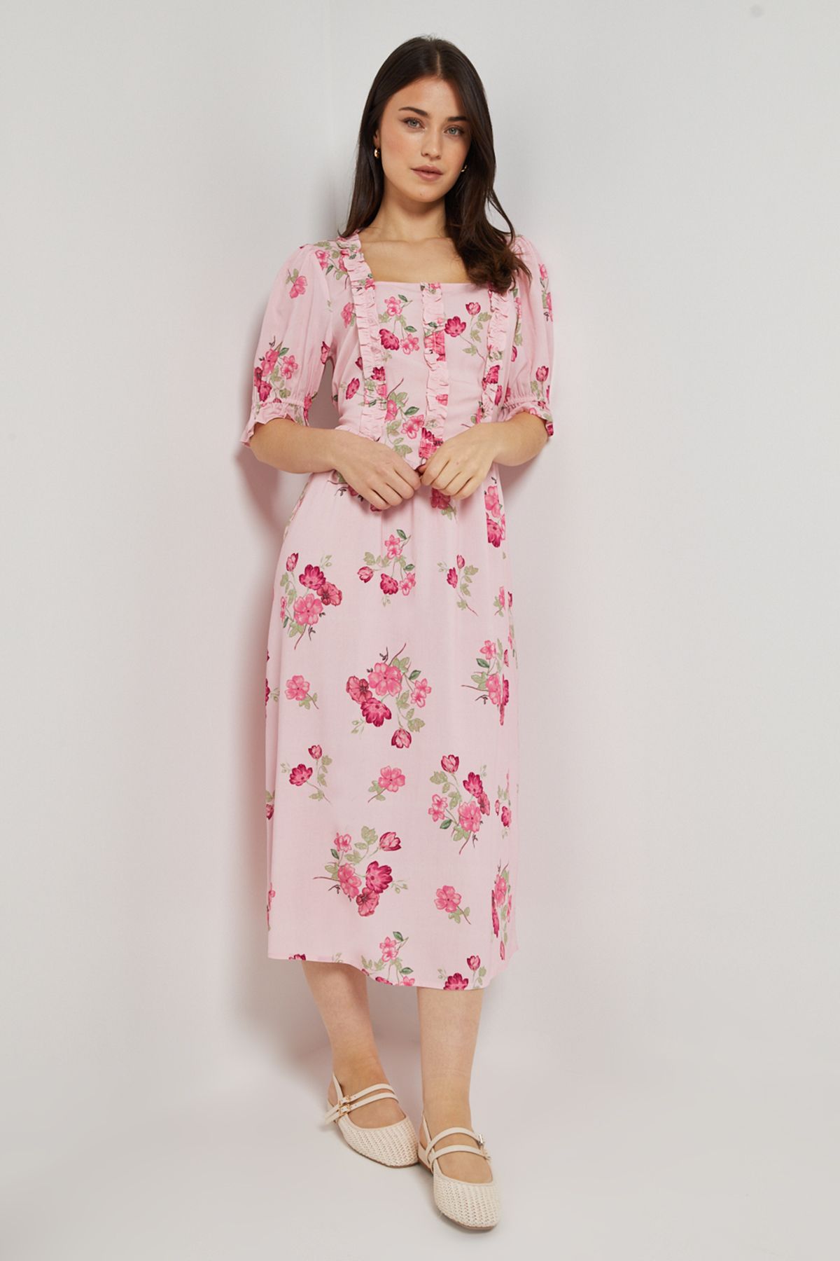 Dorothy Perkins Floral Square Neck Frill Detail Puff Sleeve Midi Dress Floral
