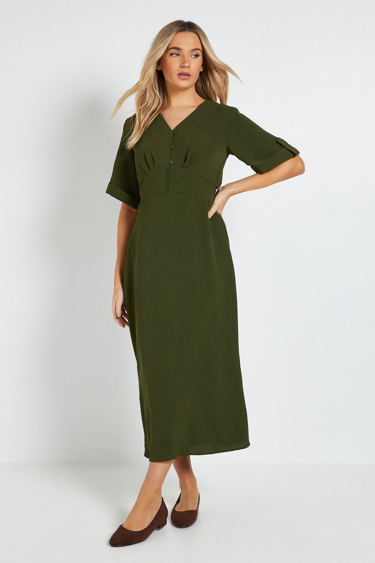 Dorothy Perkins Button Detail Shirred Back Midi Dress Dark Green