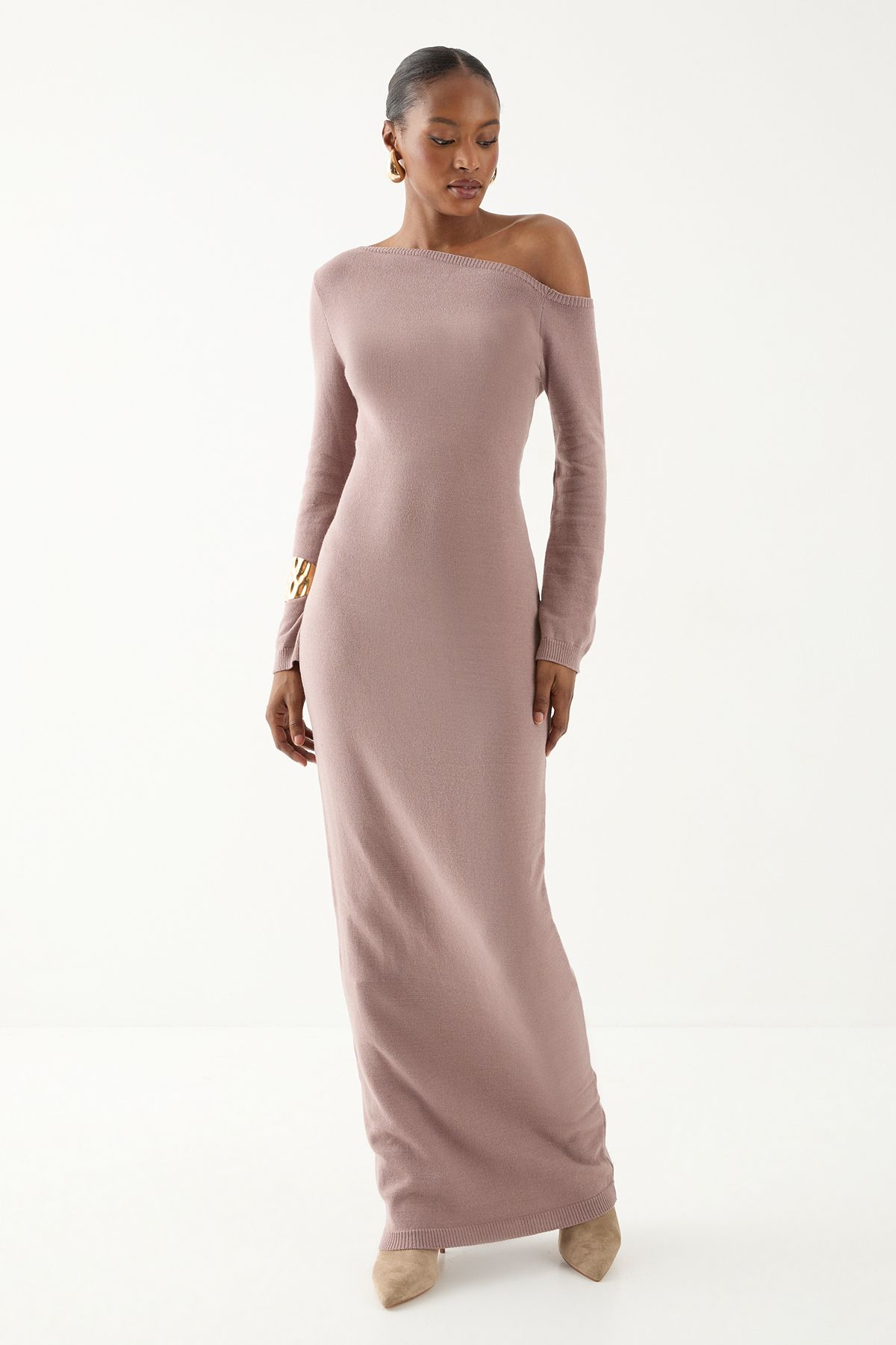 MissPap Knitted Asymmetric Neckline  Midaxi Dress Taupe image 1