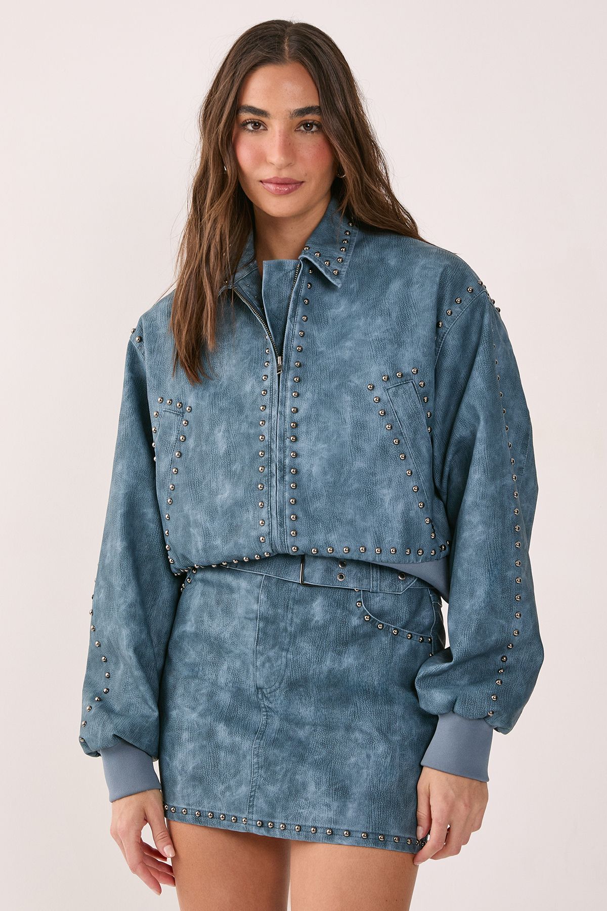 NastyGal Distressed Faux Leather Studded Bomber Jacket Blue image 4