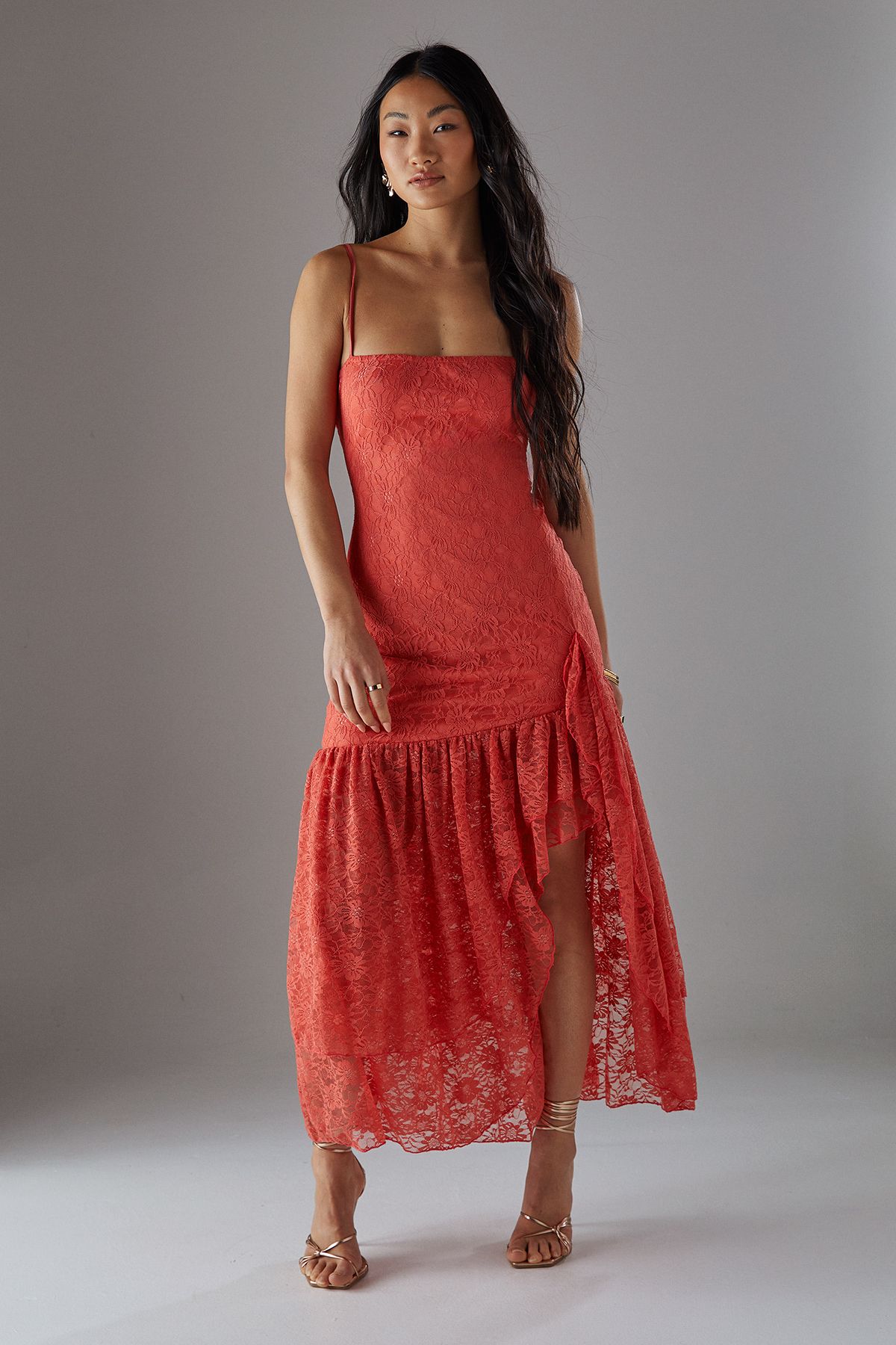 Warehouse Petite Lace Strappy Drop Waist Ruffle Midi Dress Coral image 1