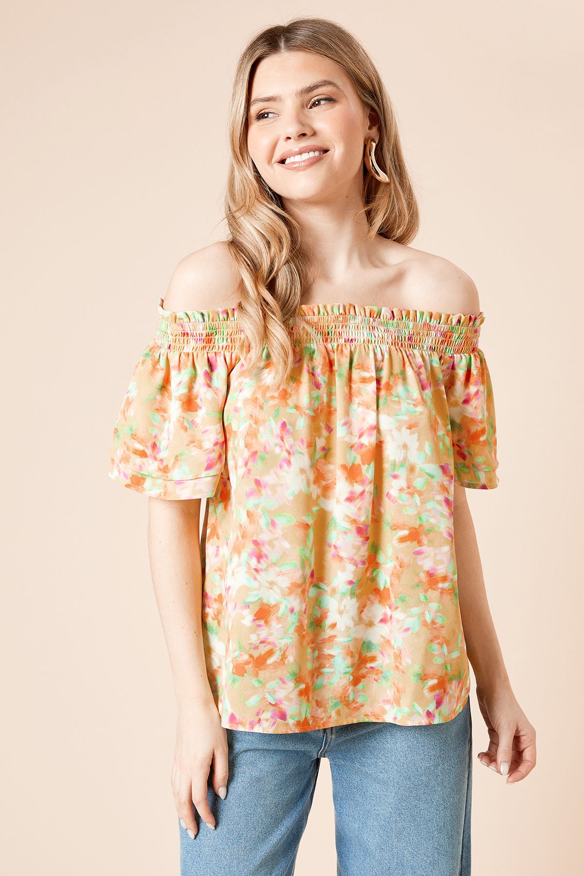 Dorothy Perkins Floral Bardot Double Frill Sleeve Top Floral image 2