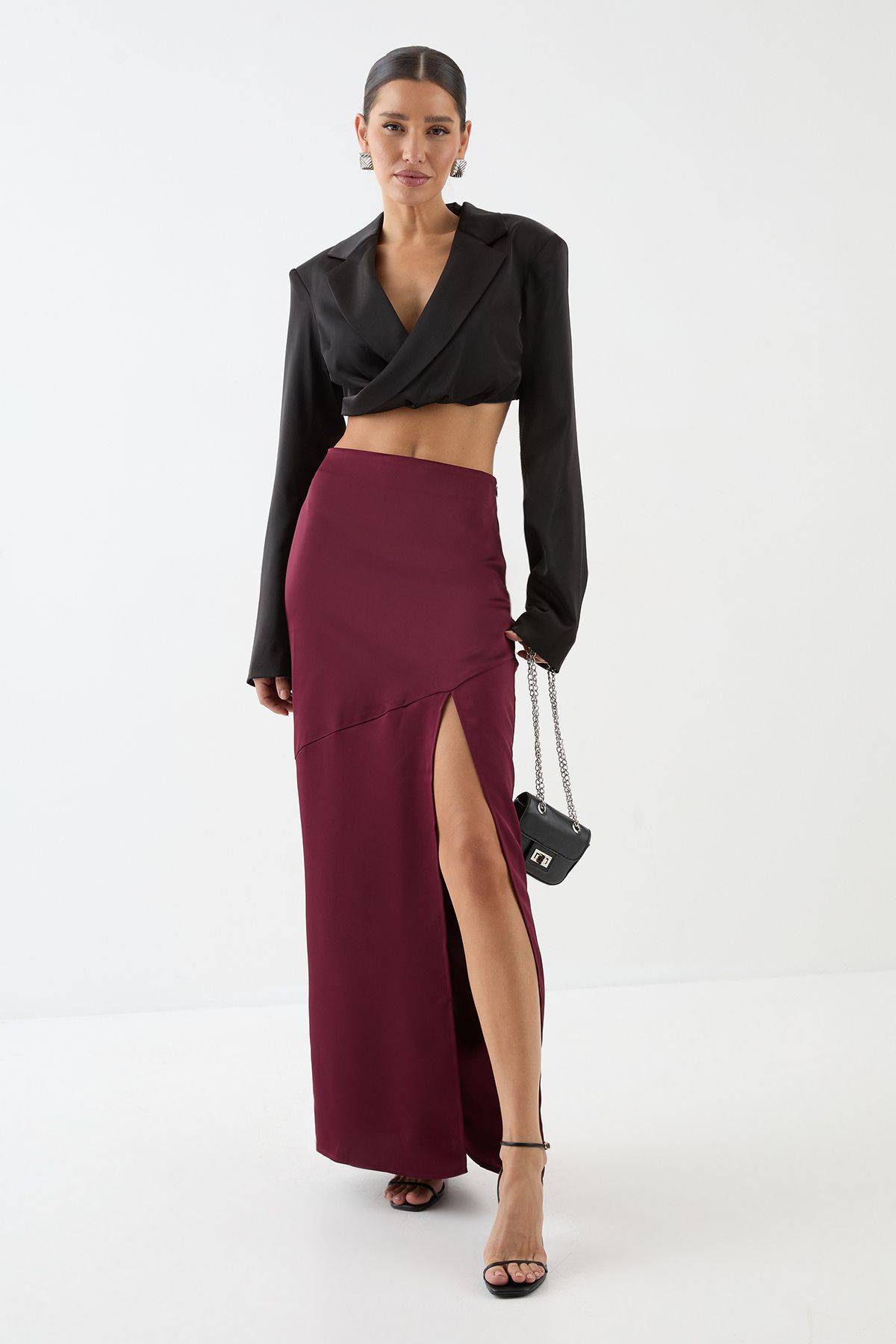 MissPap Satin High Waist Maxi Skirt Wine image 1