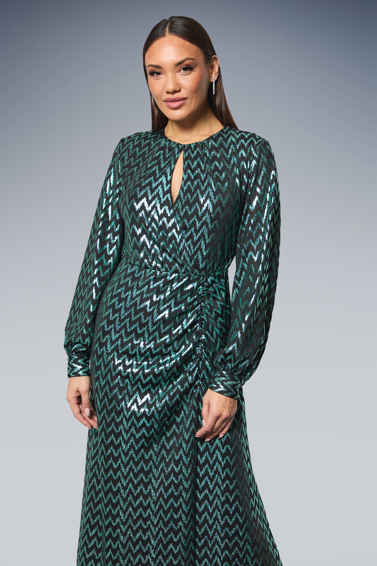 Principles Keyhole Detail Ruched Front Metallic Detail Jersey Midi Dress Green image 2