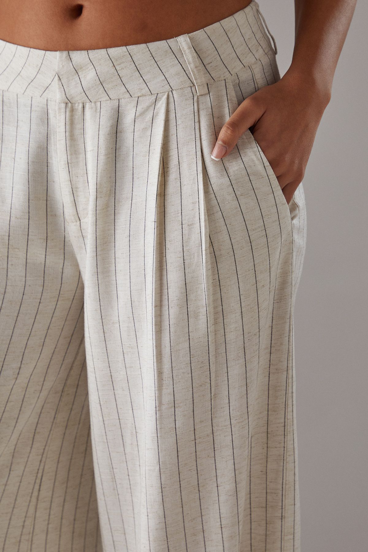 Warehouse Linen Look Pinstripe Tailored Trousers Natural image 5
