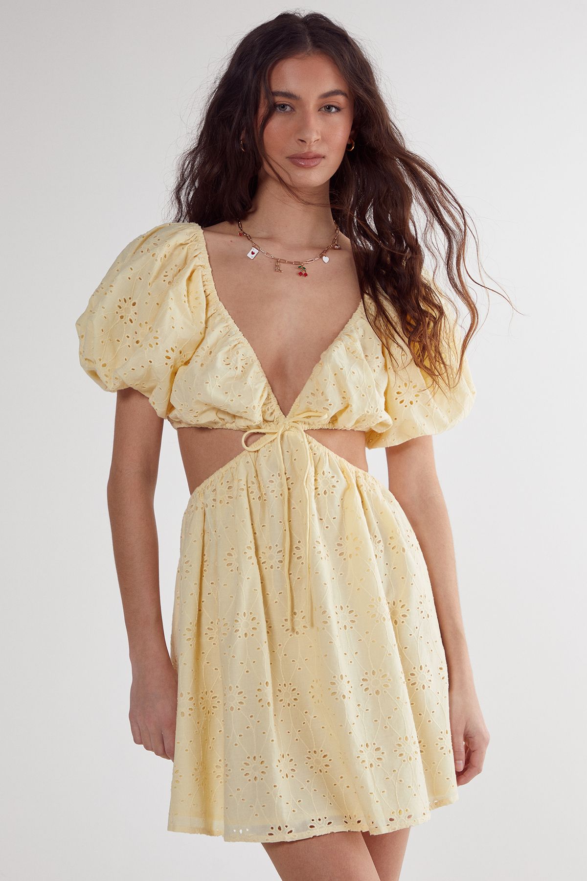 NastyGal Broderie Cut Out Tie Front Puff Sleeve Skater Dress Lemon image 1