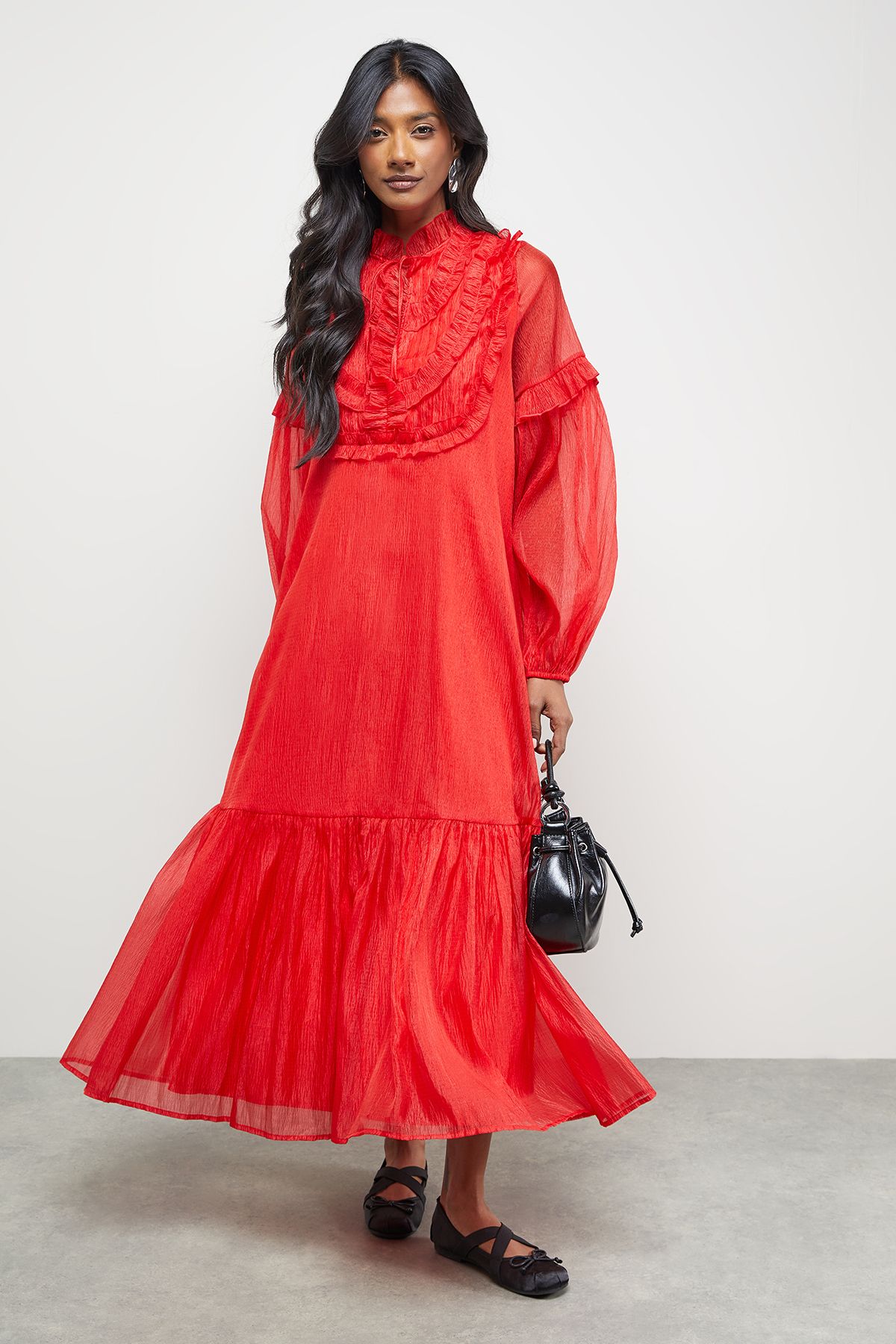 Warehouse Premium Crinkle Stripe Organza Frill Pleat Detail Midi Dress Red image 1