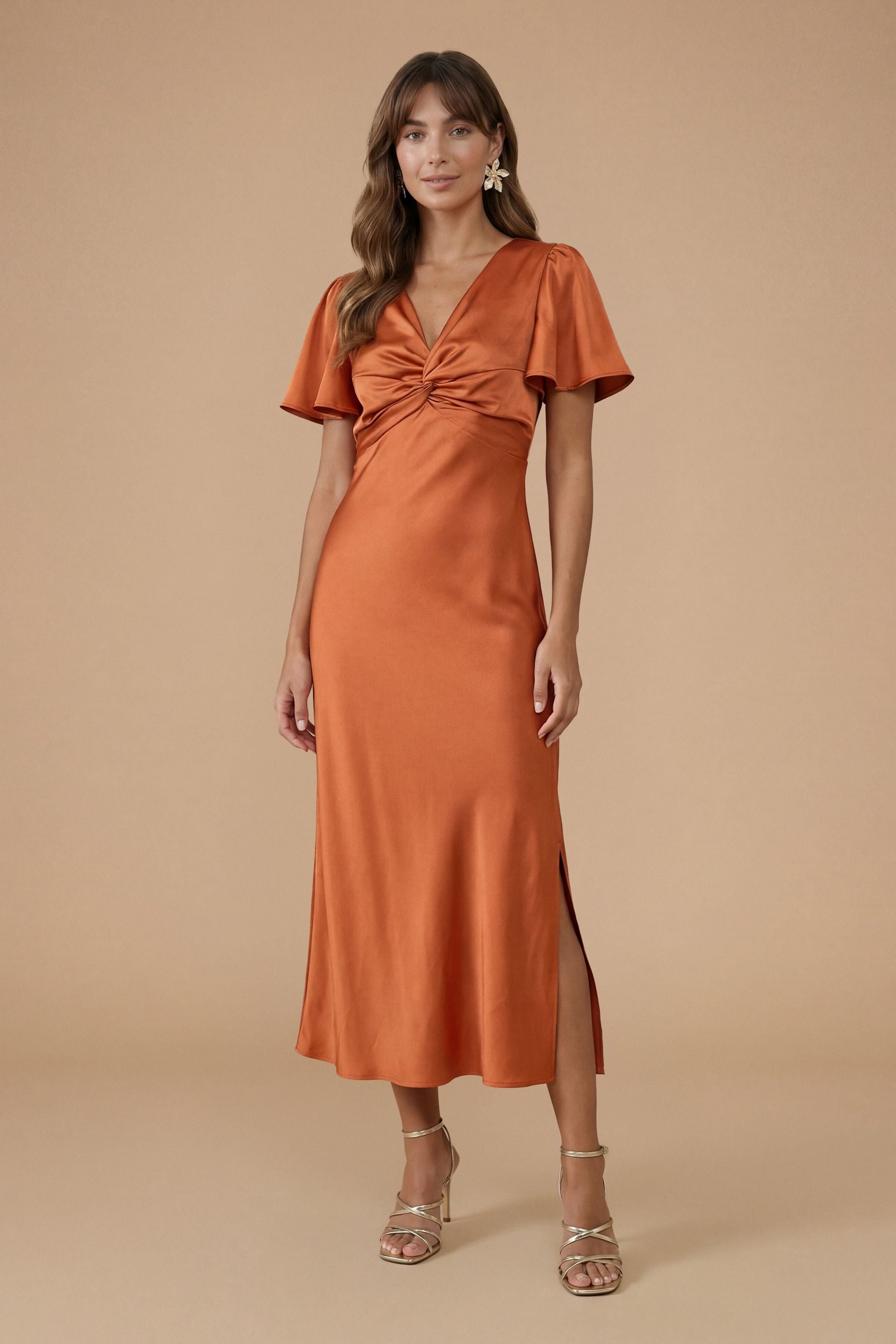 Oasis Rust Satin Twist Front Angel Sleeve Midi Bridesmaid Dress Rust