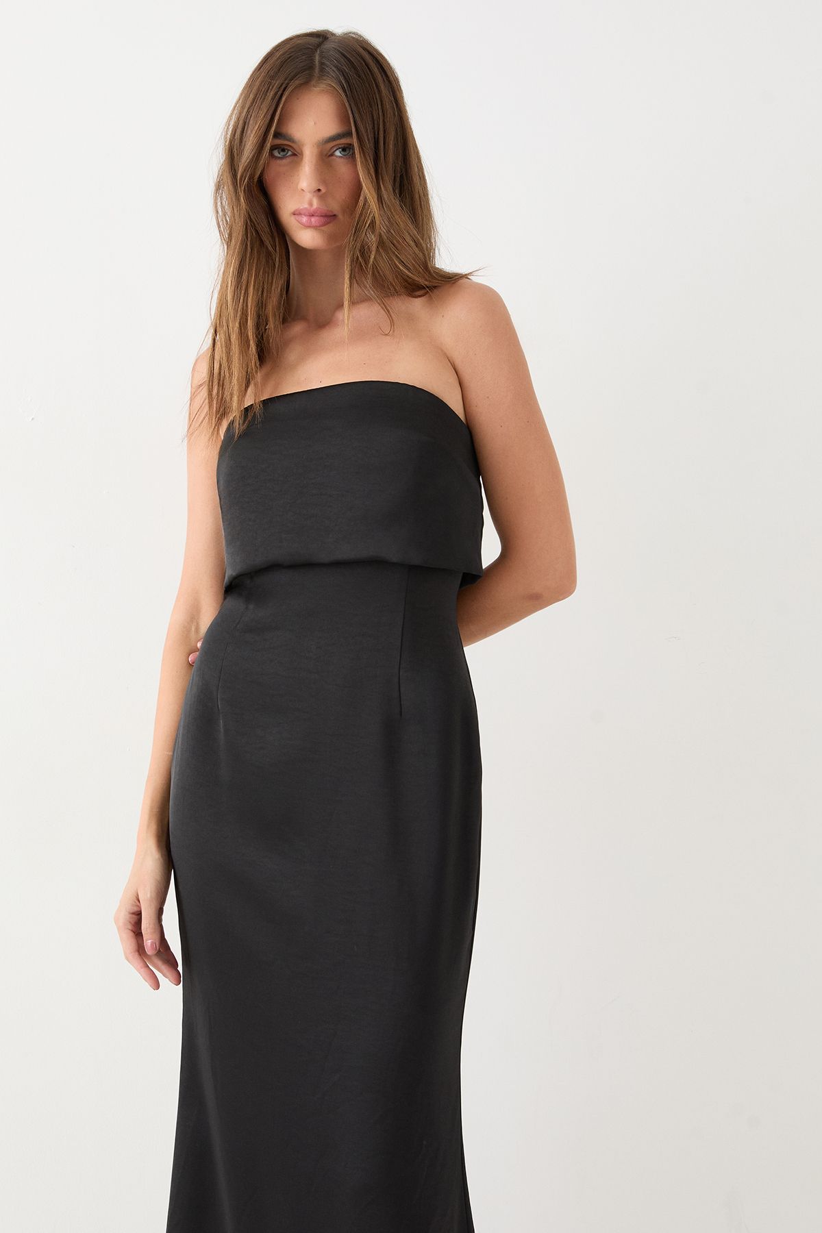 MissPap Premium Satin Bandeau Overlay Bridesmaid Dress Black image 2