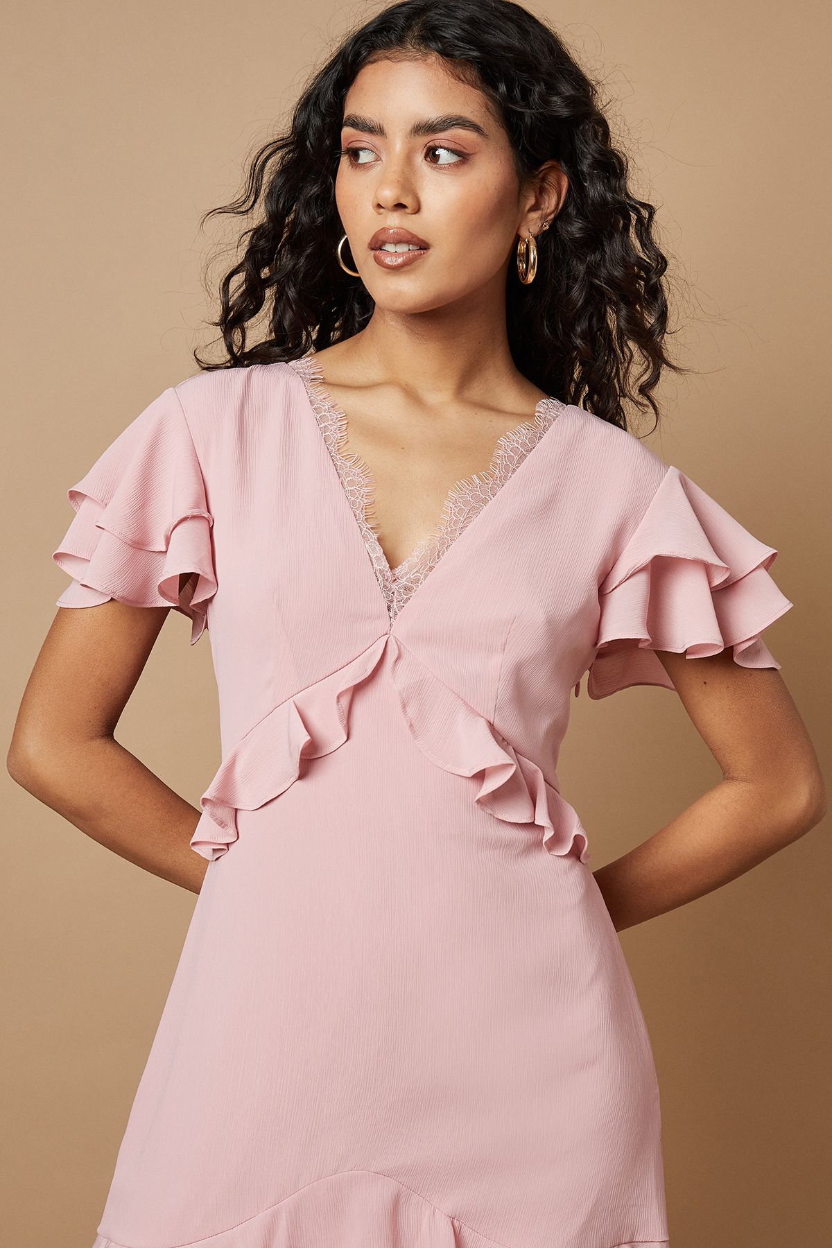 Oasis Petite Plain Ruffle Tiered Lace Midi Dress Pink image 2