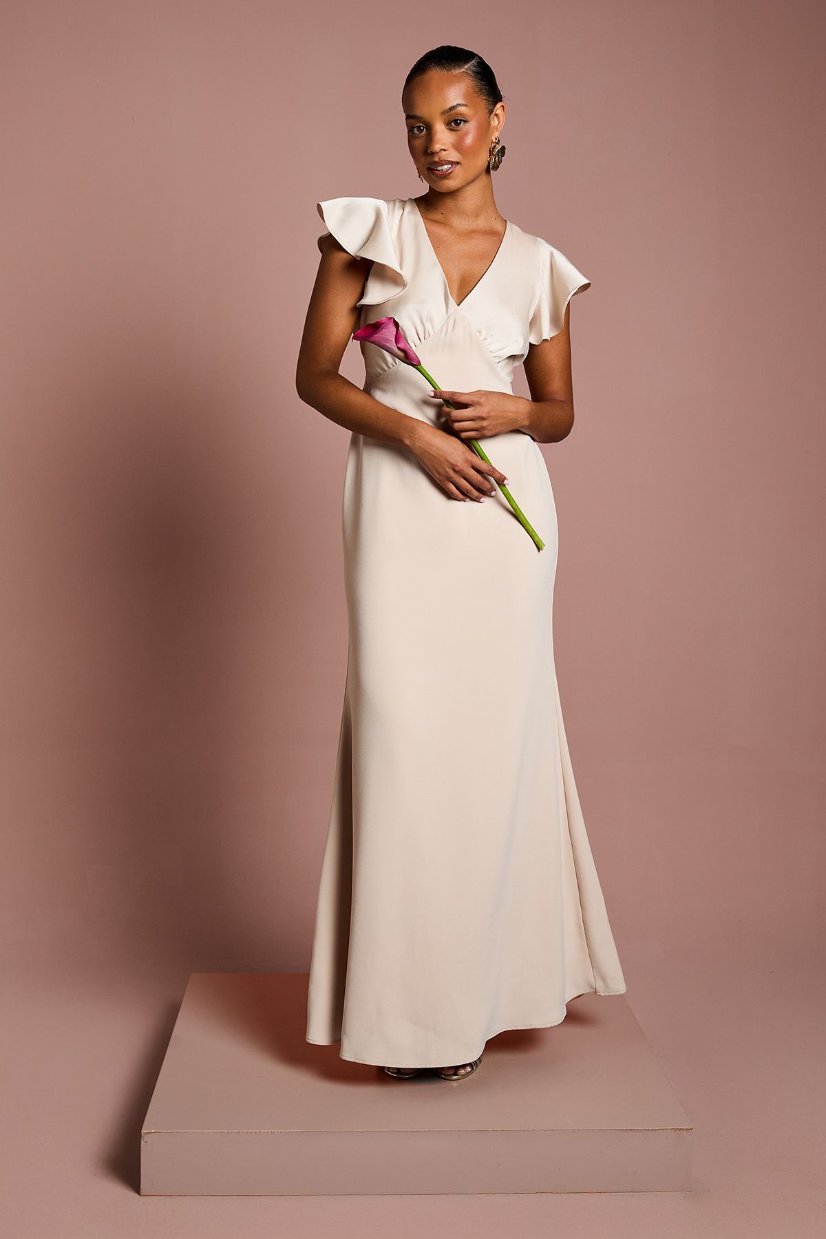 Coast Coast Honoured Petite V Neck Angel Short Sleeve Satin Maxi Bridesmaid Dress Champagne