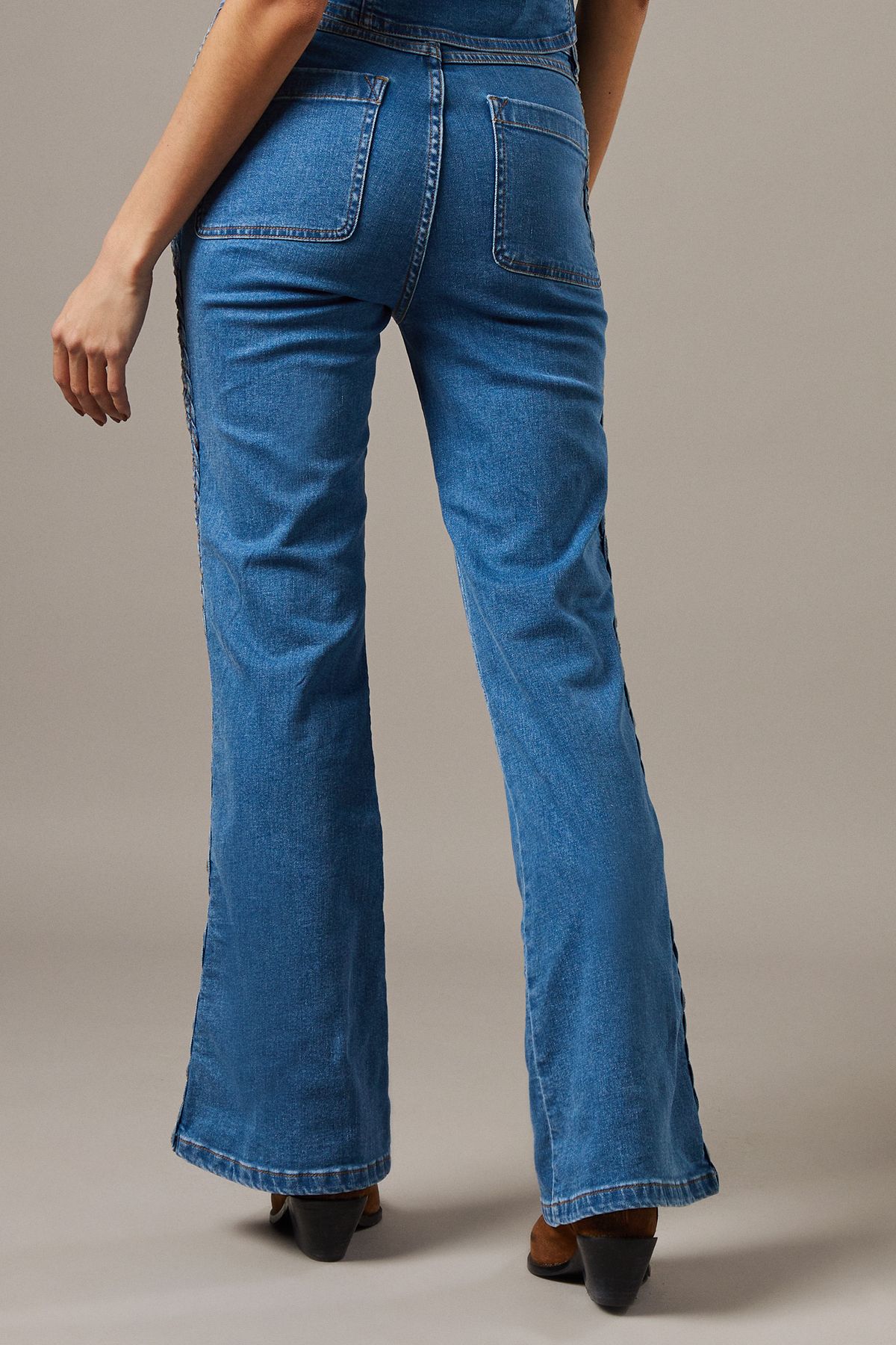 Warehouse High Waist Denim Bootcut With Patch Pockets Mid Wash image 3