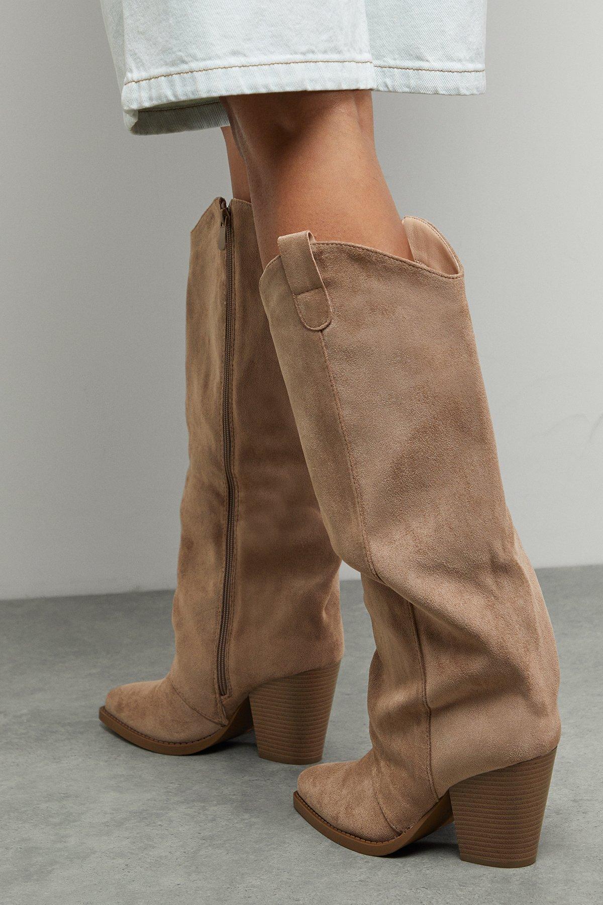 Oasis Faith: Alma Faux Suede Straight Leg Western Knee Boots Beige image 3