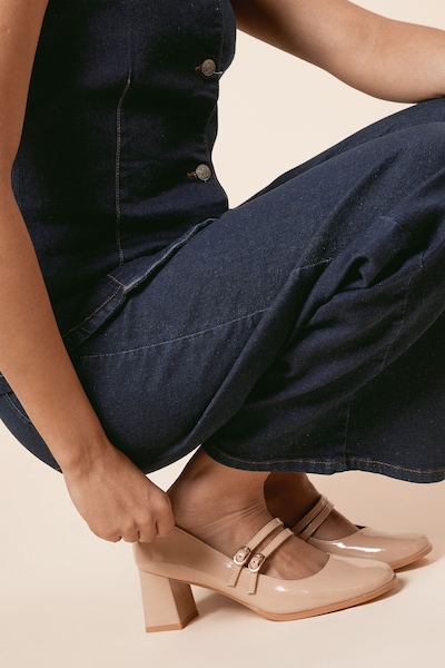 Oasis Catalina Patent Double Mary Jane High Block Heeled Shoes Beige