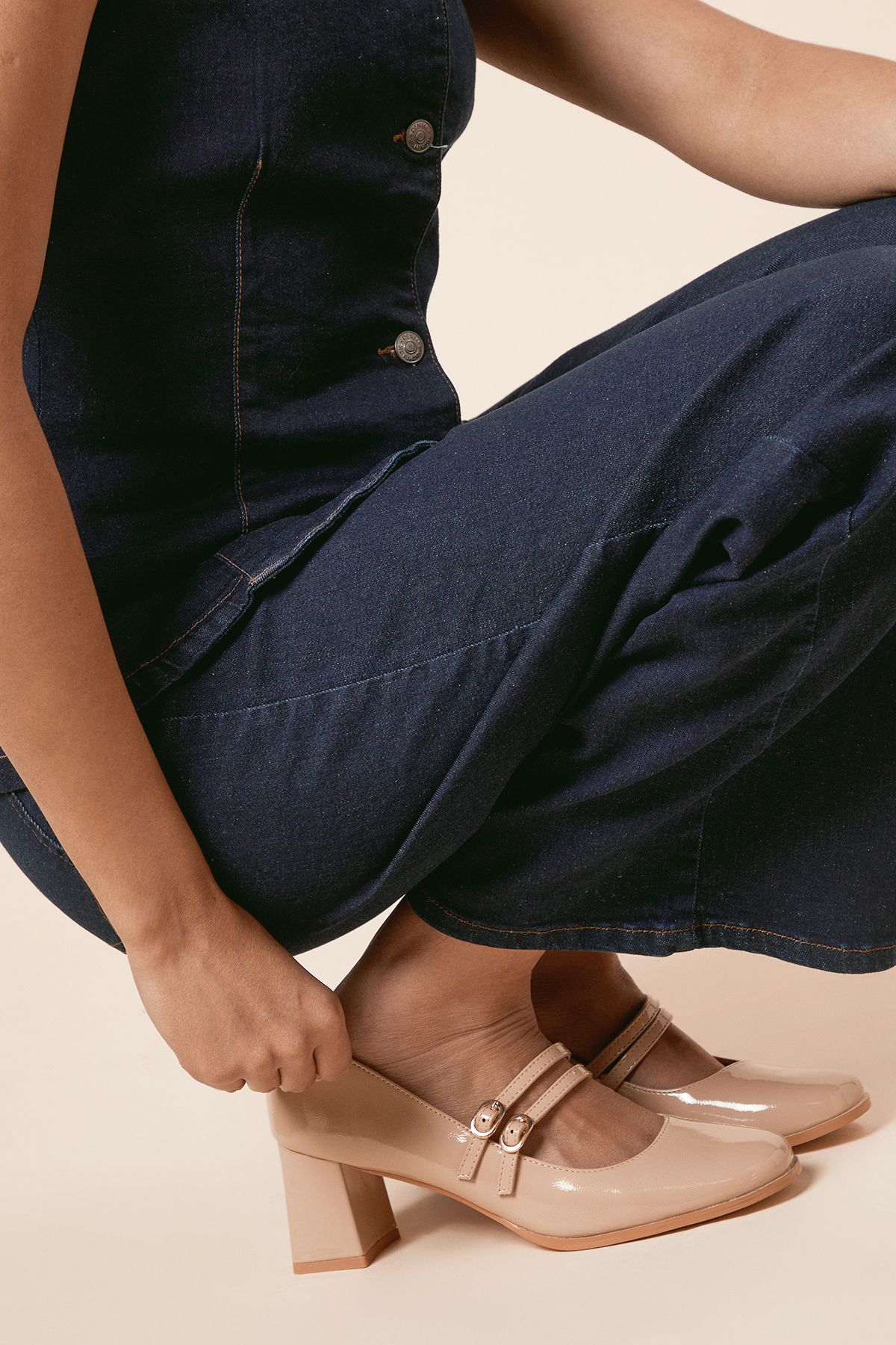 Oasis Catalina Patent Double Mary Jane High Block Heeled Shoes Beige