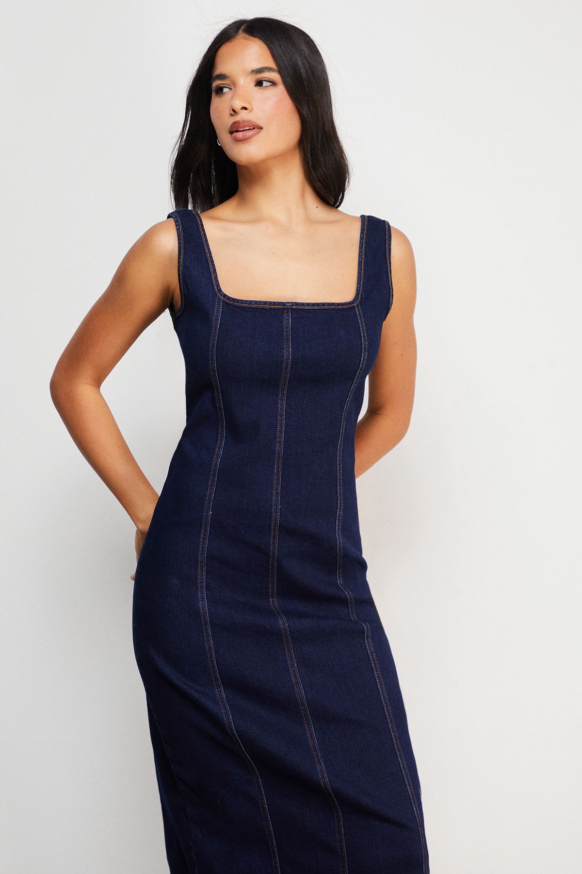 Warehouse Seam Detail Fitted Denim Midi Dress Indigo image 2