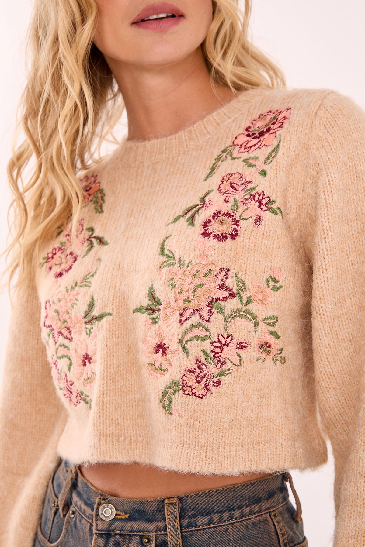 NastyGal Knitted Floral Embroidered Jumper Beige image 4