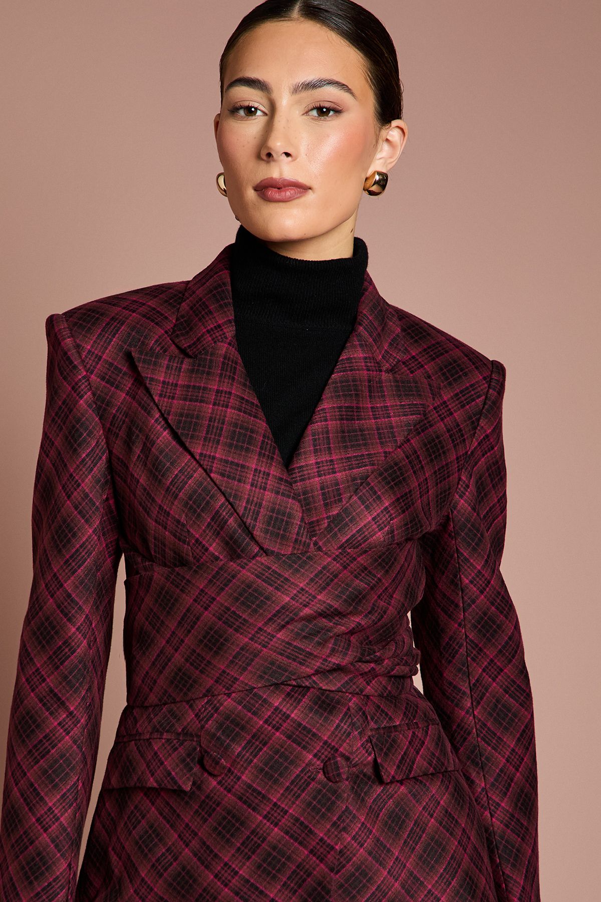 Coast Lisa Tan Premium Check Wrap Front Blazer Berry image 2