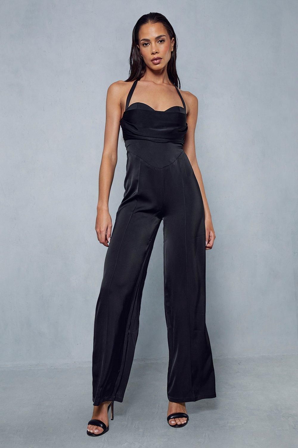MissPap Satin Draped Bust Halterneck Straight Leg Jumpsuit Black image 1