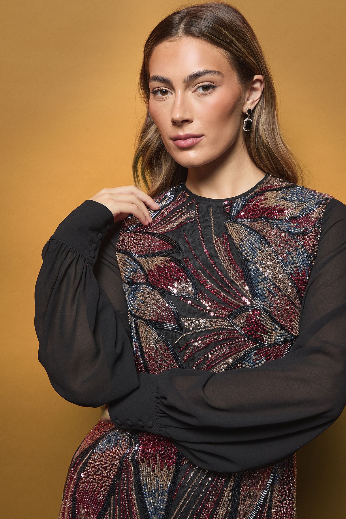 Coast Floral Placement Embellished Long Sleeve Mini Dress Black image 4