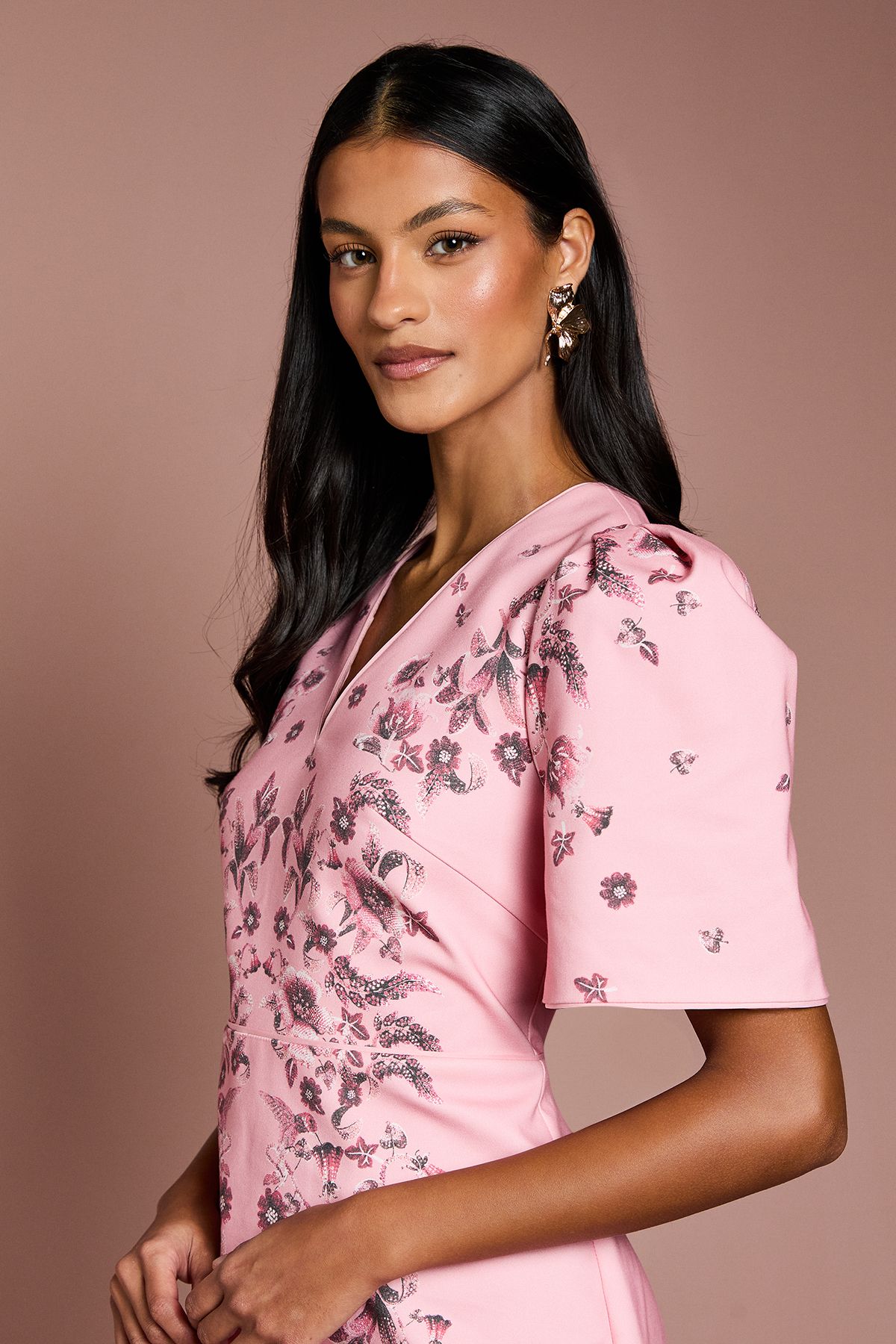 Coast Petite Placement Print Puff Sleeve Cotton Midi Dress Coral image 4