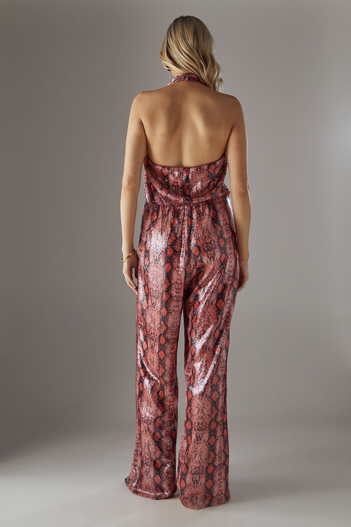 Warehouse Snake Sequin Cowl Neck Drop Waist Jumpsuit Orange image 4